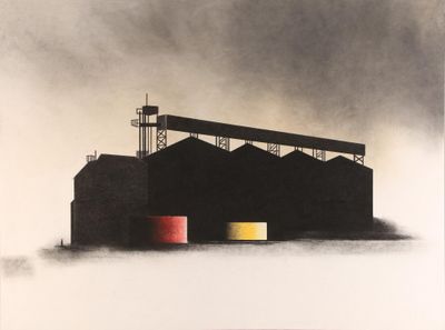 an image of a black and white painting of a factory in the fog