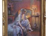painting of a woman sitting on a chair in a room next to a lamp