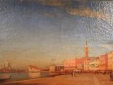 un tableau représentant une vue de ville avec des bateaux et des bâtiments