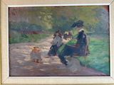 a painting of a woman sitting on a bench next to a duck