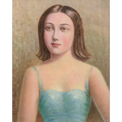 une peinture à l'huile représentant une femme en robe bleue posant pour une photo