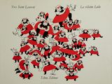 dessin humoristique représentant un groupe de personnes vêtues de rouge et de noir