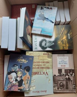 many books in a box on the table