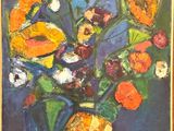 painting of a vase of flowers on a table with a blue background