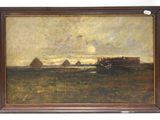 une image représentant un tableau illustrant une scène de vie à la ferme, avec un bateau au premier plan