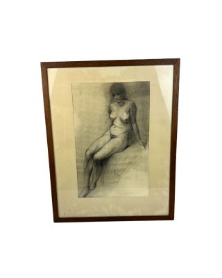 drawing of a nude woman sitting on a bed in a wooden frame