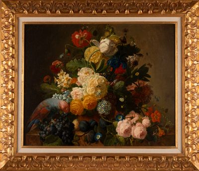 une photo d'un tableau représentant des fleurs et des oiseaux dans un vase