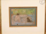 painting of two women sitting on a couch with a dog in front of them