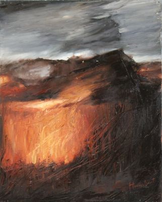 an oil painting of a desert scene with a dark sky