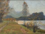 an image of a painting of a river with trees and mountains in the background