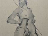drawing of a woman holding a sword and a sword in her right hand