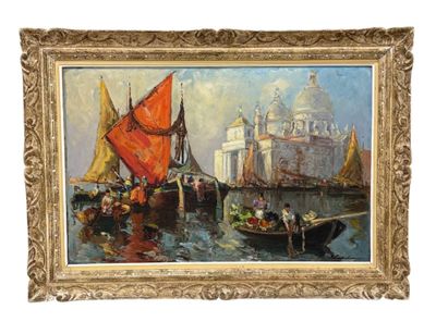 une peinture à l'huile représentant des bateaux dans un port, avec un bâtiment blanc en arrière-plan
