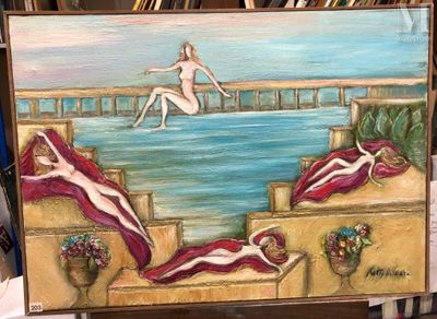 un tableau représentant une femme assise sur les marches au bord de l'eau