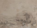 dessin d'un paysage avec des arbres et une rivière au premier plan