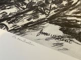 a black and white drawing of a man riding a bike