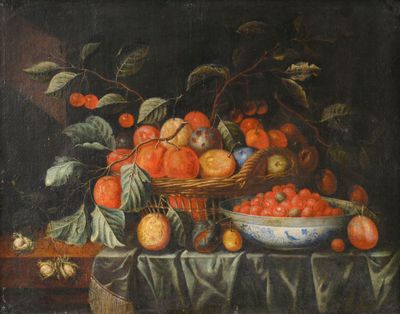 tableau représentant des fruits dans un panier posé sur une table recouverte d'une nappe