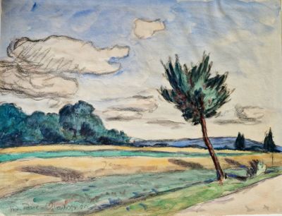 peinture représentant un arbre dans un champ, avec le ciel en arrière-plan