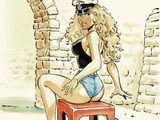 drawing of a woman sitting on a stool in front of a brick wall