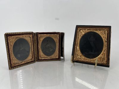 two framed photos of a man and a woman sitting in front of each other