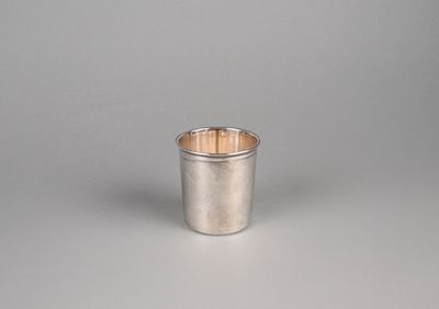 a silver cup with a wooden handle on a white surface