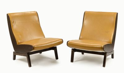 pair of lounge chairs with leather upholstered seats, 1960s