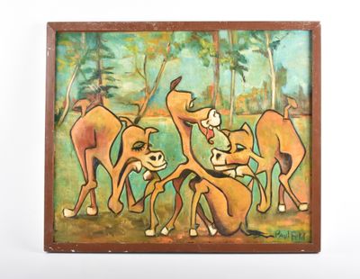 tableau représentant un groupe de chiens jouant ensemble dans une forêt