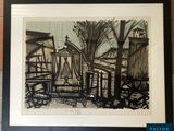 an image of a drawing of a building with a tree in the foreground