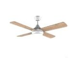 the ceiling fan is white and has a wooden blade