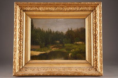 a painting of a landscape with a river and trees in a gold frame