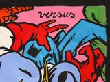 a painting of a group of cartoon characters on a pink background