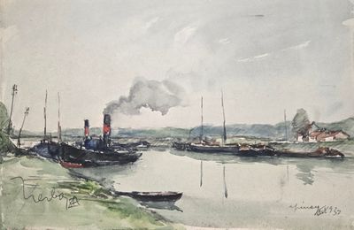 une aquarelle représentant des bateaux sur l'eau