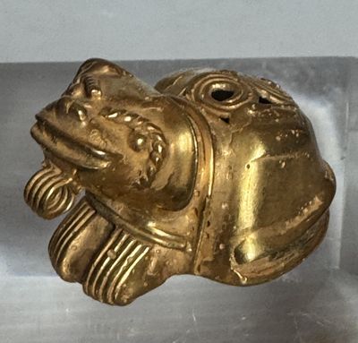 une figurine en or représentant un poisson, exposée dans une vitrine