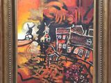 an oil painting of a man riding a horse in front of a building