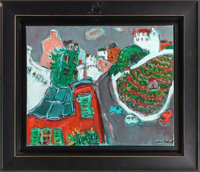 painting of a painting of a city with a red building and a green tree
