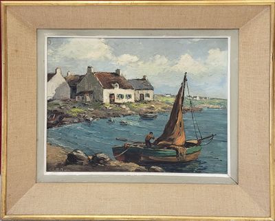 tableau représentant un voilier devant une maison située sur un rivage rocheux