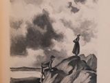 a drawing of a person standing on a rock