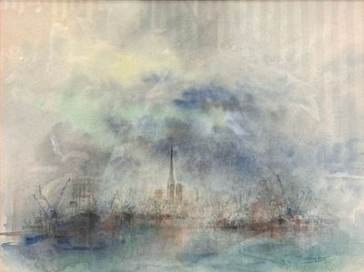 an image of a watercolor painting of a city on a cloudy day