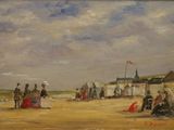 painting of a beach scene with people sitting and standing on the sand
