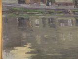 a picture of a painting of a city by the water