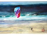un tableau représentant un homme faisant voler un cerf-volant sur la plage