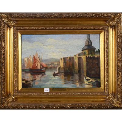 une peinture à l'huile représentant des bateaux dans un port, avec une église en arrière-plan
