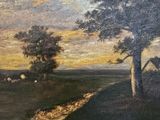 an oil painting of a landscape with a tree and a house in the distance