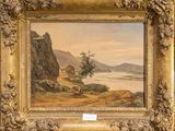an oil painting of a landscape with a man and a dog by a lake