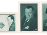 three black and white photographs of a man and a woman and a man in a suit