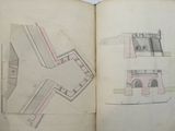 an open book with drawings of a building and a clock tower