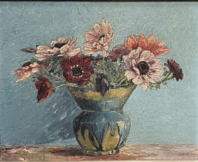 une peinture de fleurs dans un vase sur une table