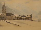 une image représentant un tableau d'une église sous la neige