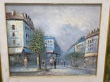 a painting of a street scene with people walking down the street