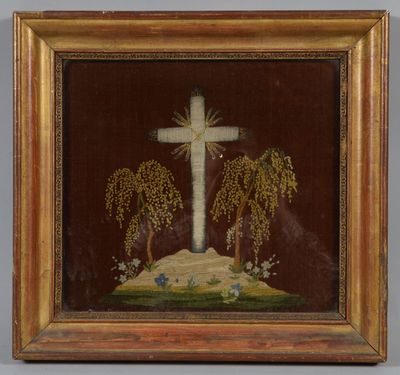 tableau représentant une croix sur une colline, avec des arbres et des fleurs