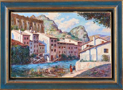 an image of a painting of a village by a river